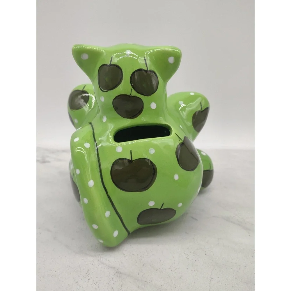 Ganz Ceramic Piggy Bank Kitty Cat Green Apples Painted Signed Pati 5 Inch